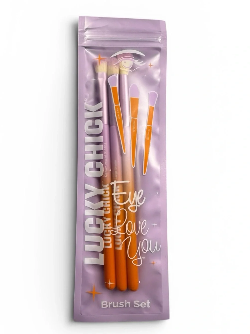 New Lucky Chick 3 Eyeshadow Brush Set Shading Blending Orange Lavender Unopened